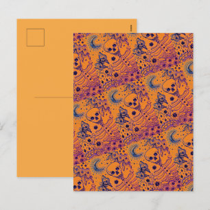 BONES IN THE GARDEN SKELETON, FOLK ART MOON, MOTH HOLIDAY POSTCARD