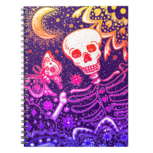 BONES IN THE GARDEN SKELETON, FOLK ART MOON, MOTH NOTEBOOK