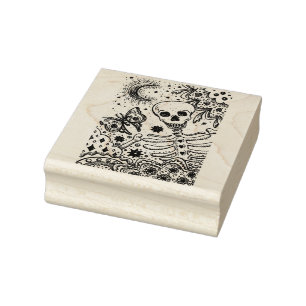 BONES IN THE GARDEN SKELETON, FOLK ART MOON MOTH RUBBER STAMP