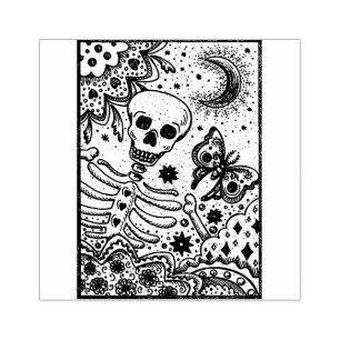 BONES IN THE GARDEN SKELETON, FOLK ART MOON MOTH RUBBER STAMP