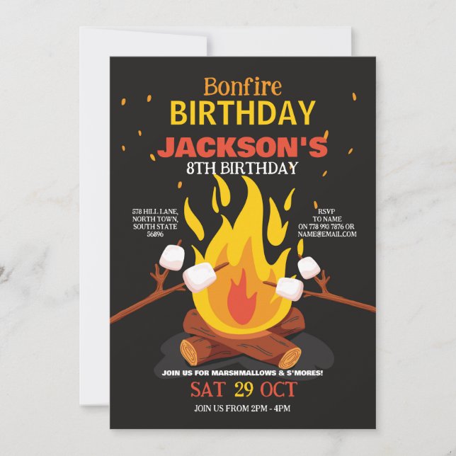 Bonfire Birthday Backyard S'Mores Marshmellow Invitation (Front)