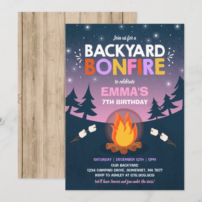 Bonfire Birthday Invitation Bonfire Camping Party (Front/Back)
