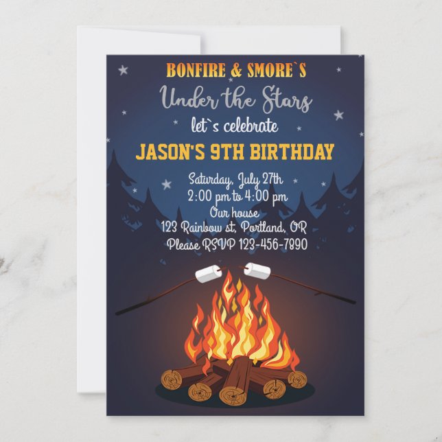 Bonfire birthday invitation Camping party invite (Front)