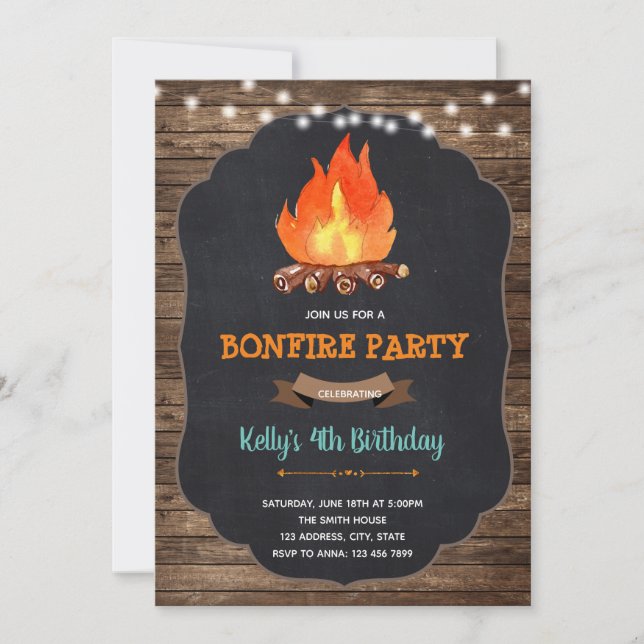 Bonfire camp birthday picnic party card (Front)