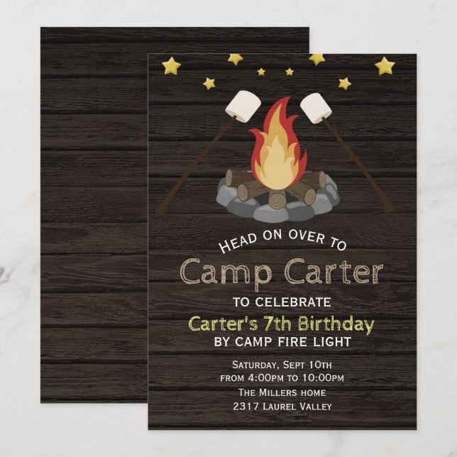 Bonfire Camping Anniversaire Fête Invitation (Devant / Derrière)