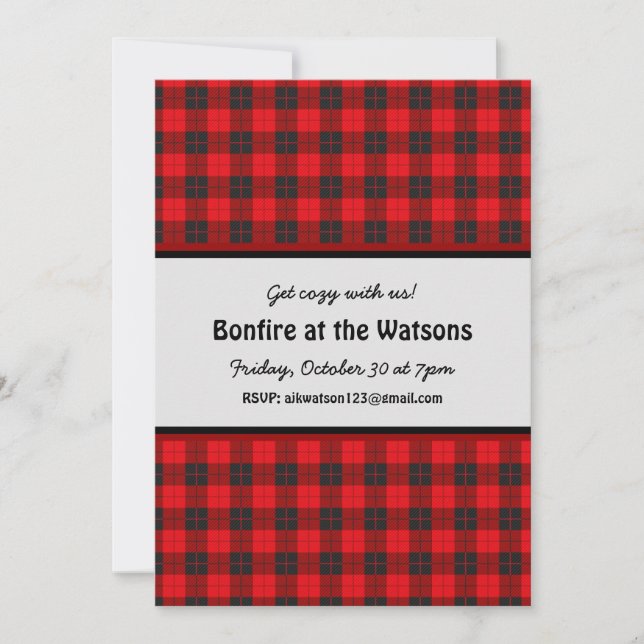 Bonfire Customizable Invitation Red Plaid Flannel (Front)