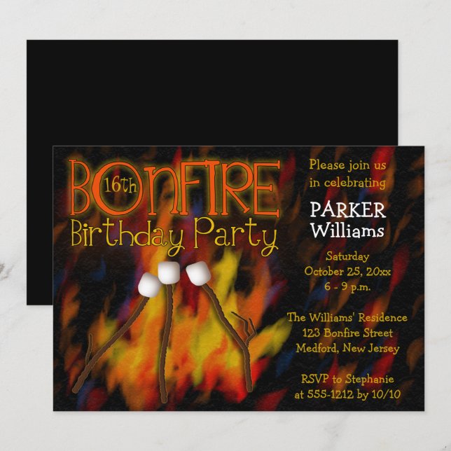 Bonfire Marshmellow Roast 16th Birthday Party Invitation (Front/Back)