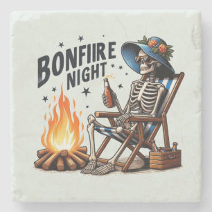 Bonfire Night - Skeleton Drinking by the Fire Stone Coaster