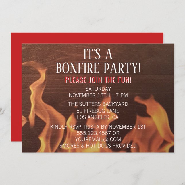 Bonfire Party Campfire Red Camp Out Invitation (Front/Back)