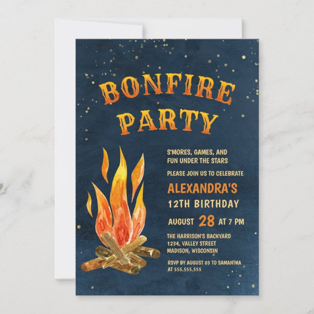 Bonfire Party Watercolor Blue Orange Birthday Invitation (Front)