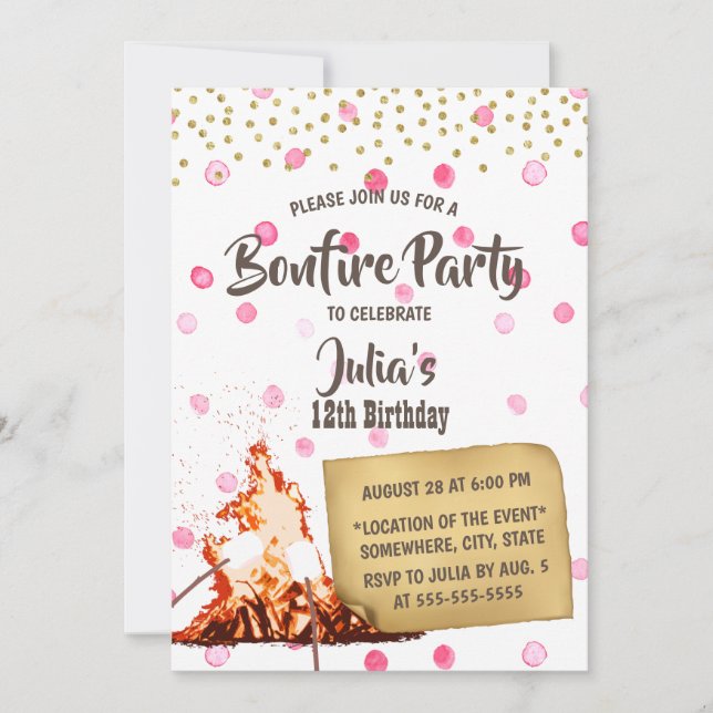 Bonfire & S'mores Camping Pink Dots Birthday Party Invitation (Front)