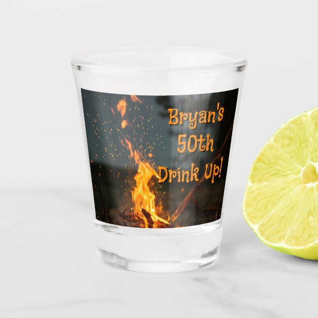 Bonfire Sparks Personalized Birthday Party  Shot Glass (Front)