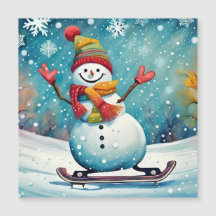 Bonhomme de neige en snowboard - Carte magnétique