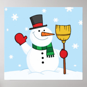 Bonhomme de neige tenant une affiche de balai