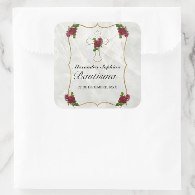 Bonito bautismo de niñas con cruz de oro rosa roja square sticker (Bag)