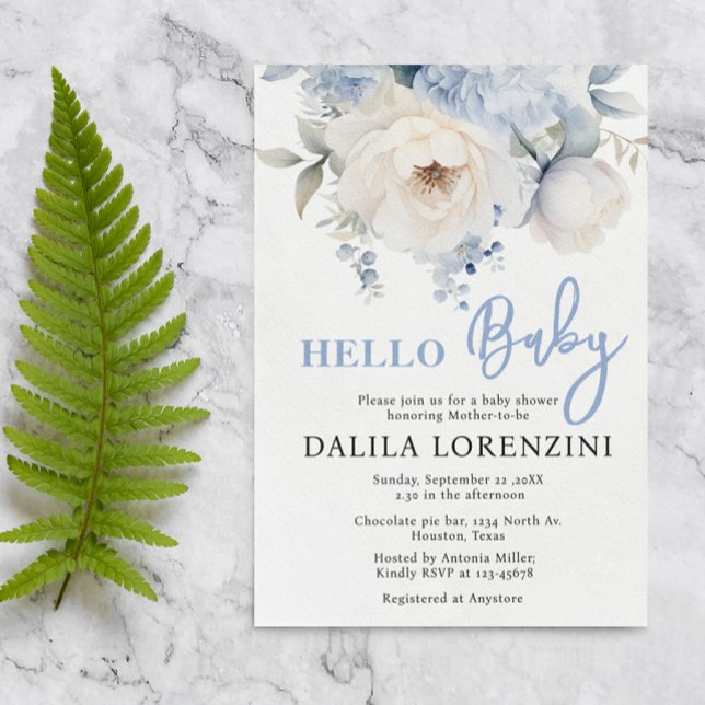 Bonjour Baby Blue Floral Baby shower Invitation (Créateur téléchargé)