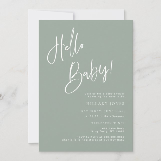 Bonjour Baby Sage bleu/vert Baby shower Invitation (Devant)