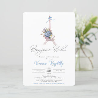 Bonjour Bebe, Blue Floral Eiffel Paris Baby Shower Invitation