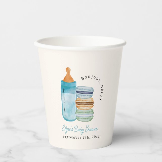Bonjour Bébé Blue Macarons & Milk Boy Baby Shower Paper Cups (Front)
