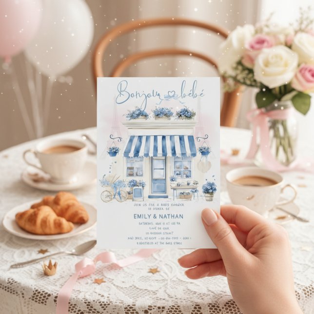Bonjour Bebe bow Parisian café pink eiffel tower Invitation (Creator Uploaded)