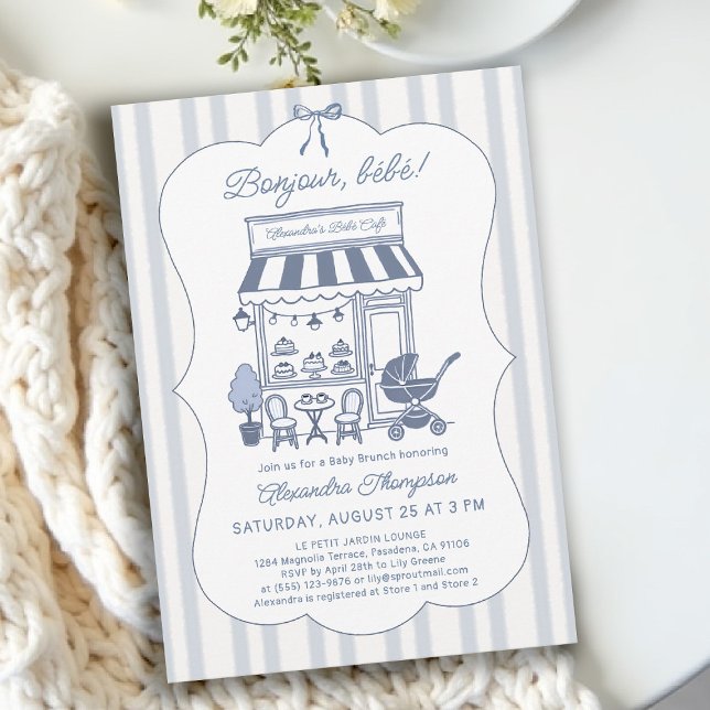 Bonjour Bebe Coffee Brunch Dusty Blue Baby Shower Invitation (bebe cafe baby shower invitation bonjour dusty blue stripes bow hand drawn brunch theme)