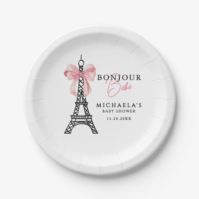 Bonjour Bébé Coquette Bow Paris Baby Shower Paper Plate (Front)