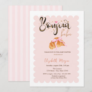 Bonjour Bébé Croissant Bow Striped Baby Shower Invitation
