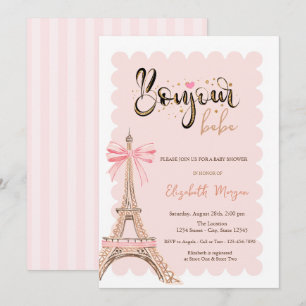 Bonjour Bébé Eiffel Tower Bow Striped Baby Shower Invitation