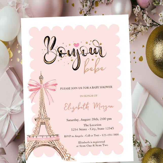 Bonjour Bébé Eiffel Tower Bow Striped Baby Shower Invitation (Creator Uploaded)