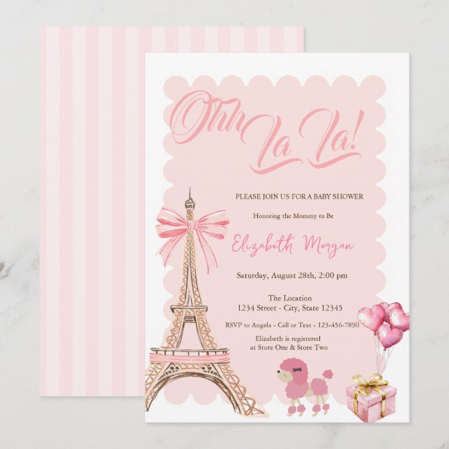 Bonjour Bébé Eiffel Tower Bow Striped Baby Shower Invitation (Front/Back)