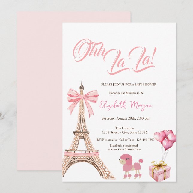 Bonjour Bébé Eiffel Tower Pink Bow  Present Poodle Invitation (Front/Back)