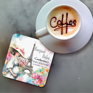 Bonjour Bebe Floral Eiffel Tower Paris Baby Shower Square Paper Coaster