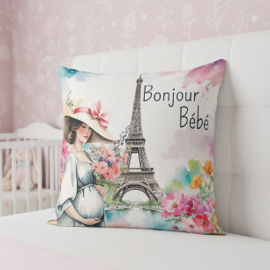 Bonjour Bebe Floral Eiffel Tower Paris Baby Shower Throw Pillow