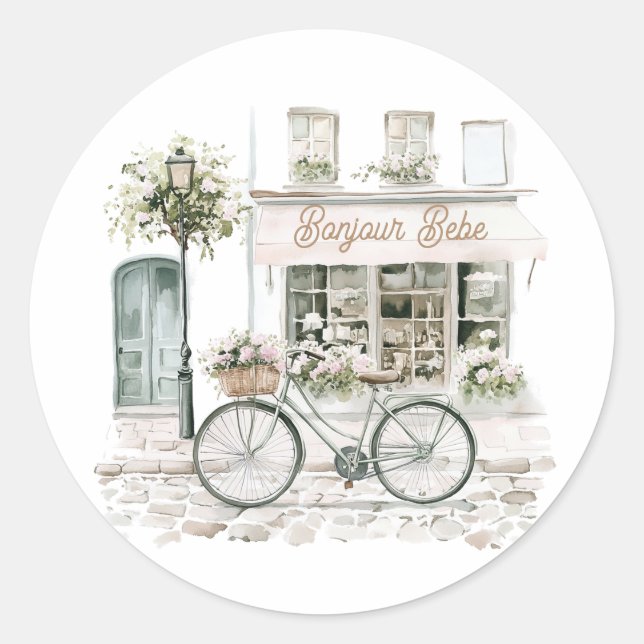 Bonjour Bebe French Baby Shower  Classic Round Sticker (Front)
