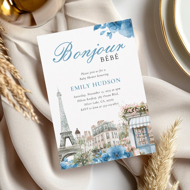 Bonjour Bebe French Blue Baby shower Invitation (Créateur téléchargé)