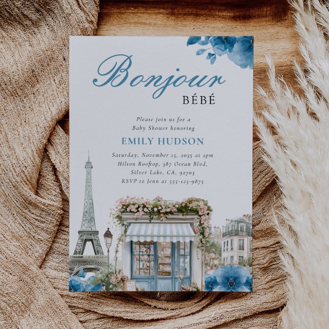 Bonjour Bebe French Blue Baby Shower Invitation (Creator Uploaded)