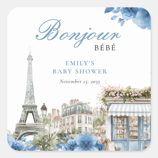 Bonjour Bebe French Blue Baby Shower Square Sticker (Front)