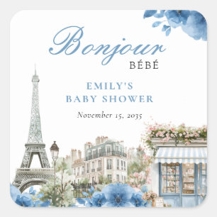Bonjour Bebe French Blue Baby Shower Square Sticker