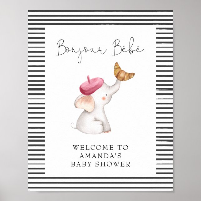 Bonjour Bebe French Elephant Welcome Baby Shower Poster (Front)