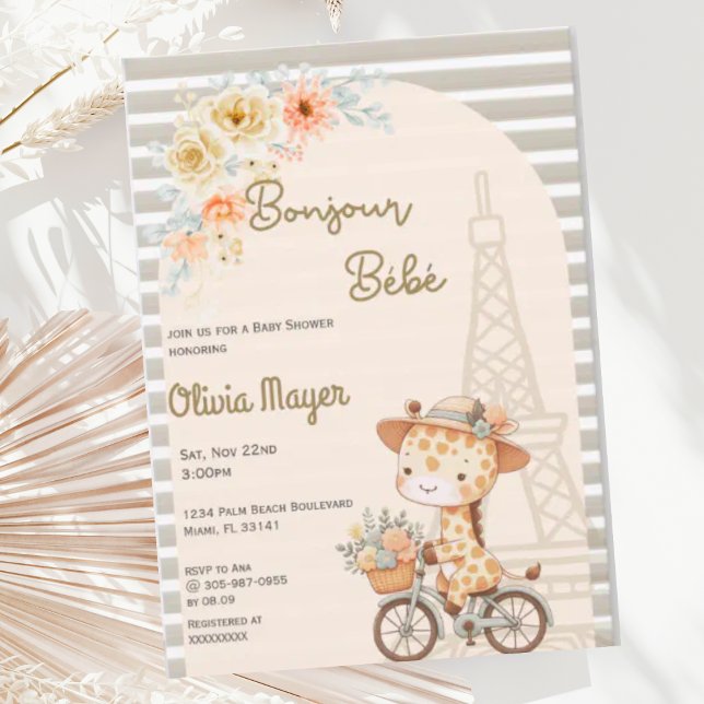Bonjour Bebe French Paris Giraffe Baby Shower Invitation (Creator Uploaded)