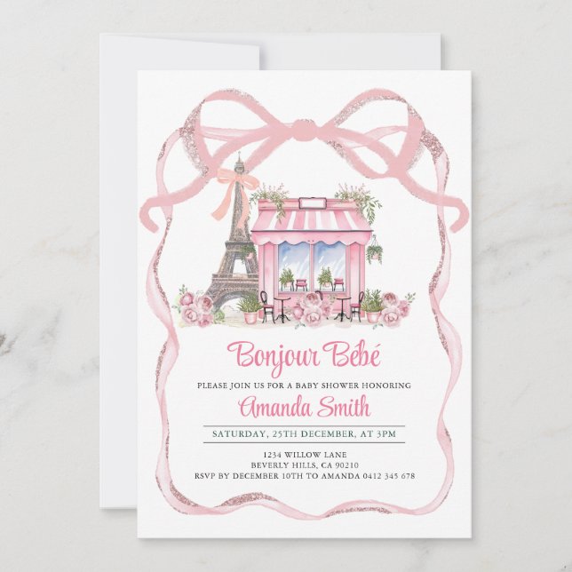 Bonjour Bebe French Parisian Cafe Baby Shower Invitation (Front)