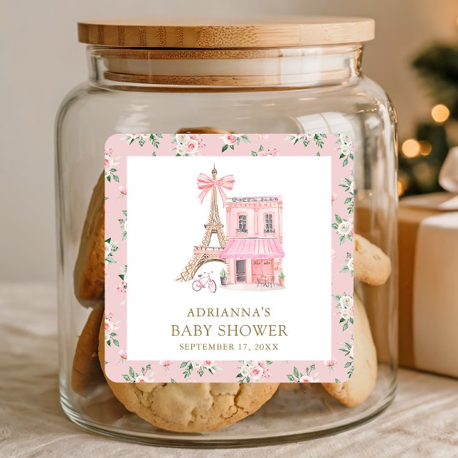 Bonjour Bebe French Pink Parisian Cafe Baby Shower Square Sticker (Creator Uploaded)