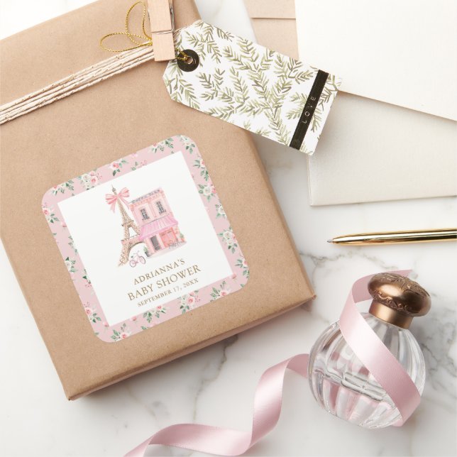 Bonjour Bebe French Pink Parisian Cafe Baby Shower Square Sticker (Gifting)