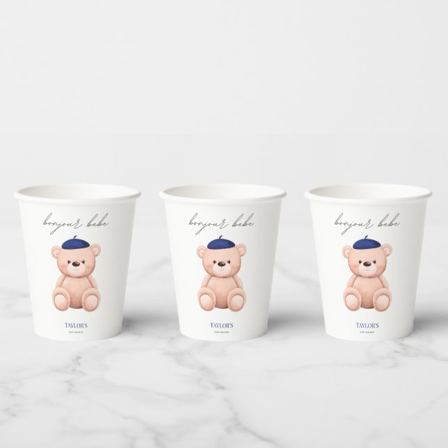 Bonjour Bebe French Watercolor Bear Baby Shower Paper Cups (Multi)