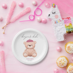 Bonjour Bebe French Watercolor Bear Baby Shower Paper Plate