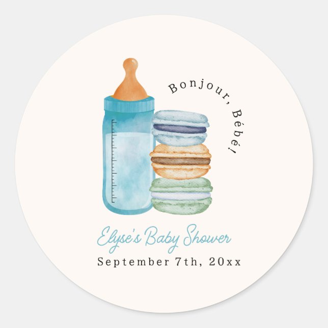 Bonjour Bébé Macarons & Milk Boy Baby Shower Classic Round Sticker (Front)