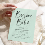 Bonjour Bebe Mint Green French Baby Shower Invitation<br><div class="desc">Modern and elegant baby shower invitation featuring "Bonjour Bebe" in a trendy hand-lettered watercolor script font against a mint green background. Personalize the French themed baby shower invitations by adding your shower details for an invitation that is sure to impress! The reverse side of the invite features a black watercolor...</div>