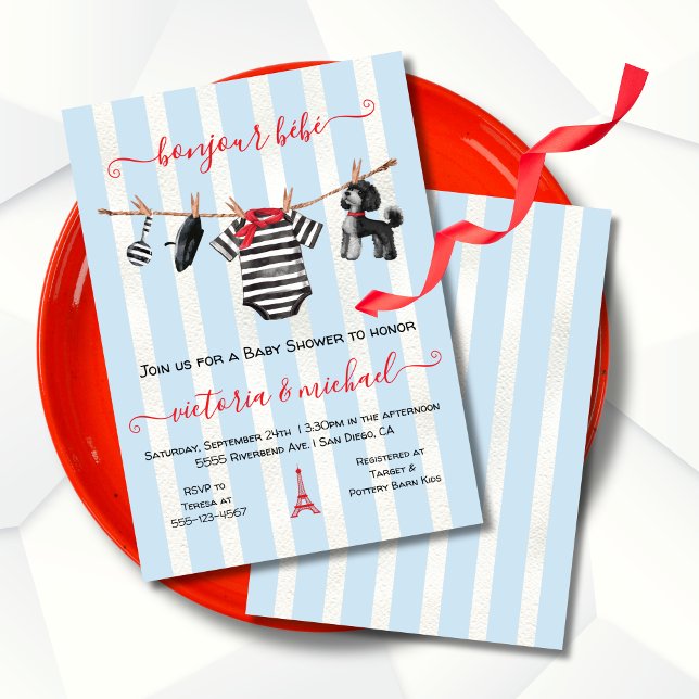 Bonjour Bebe Paris Boy Clothesline Baby Shower Invitation (Creator Uploaded)