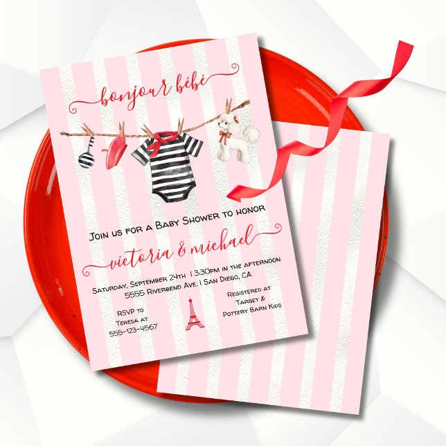 Bonjour Bebe Paris France Clothesline Baby Shower Invitation (Creator Uploaded)