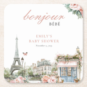 Bonjour Bébé Paris French Baby Shower Square Paper Coaster